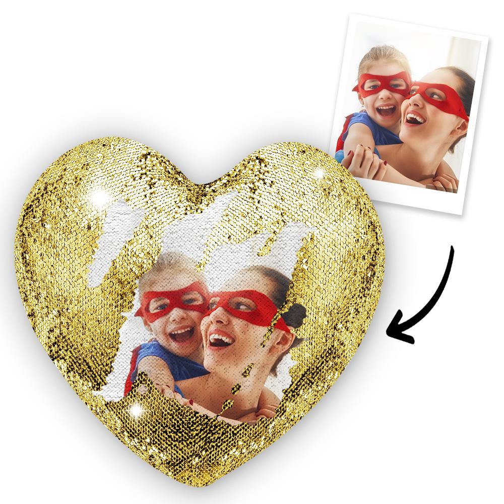 Gift for Mom Custom Photo Magic Heart Sequins Pillow for Mom Multicolor Shiny