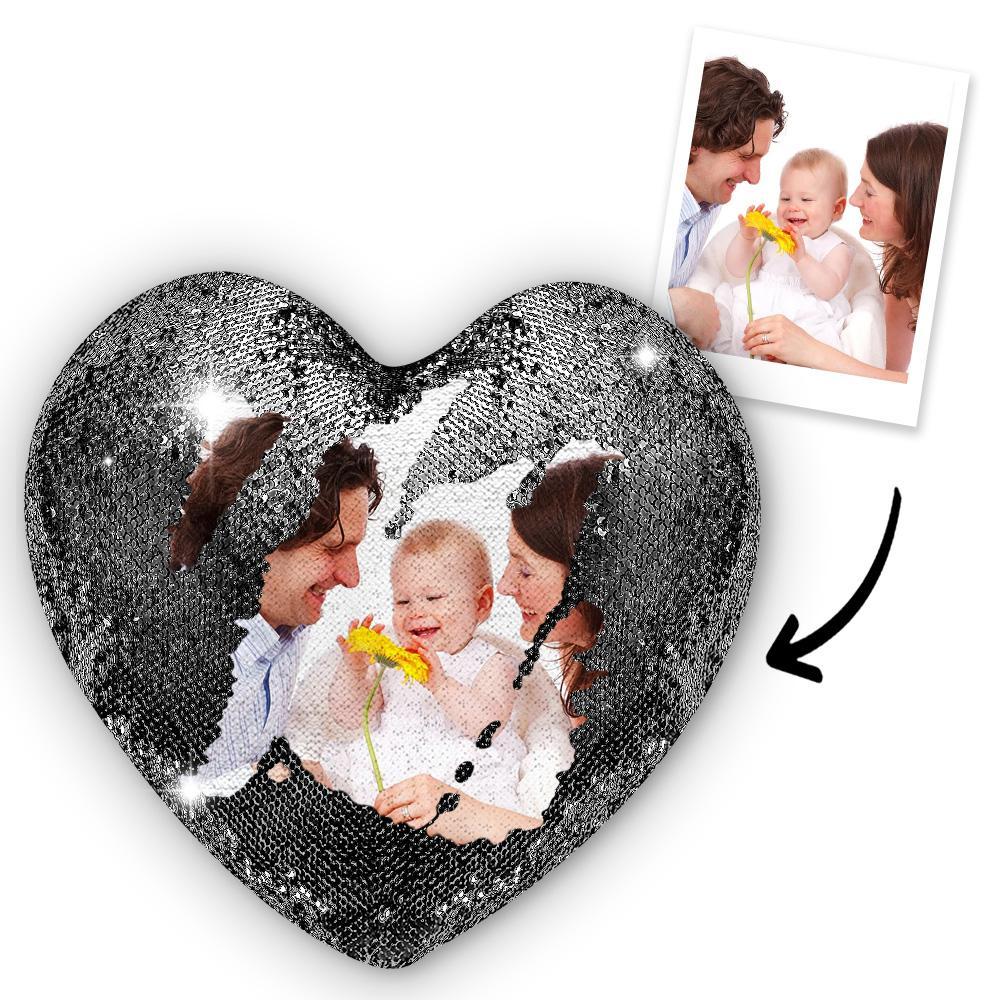 Gift for Mom Custom Photo Magic Heart Sequins Pillow for Mom Multicolor Shiny