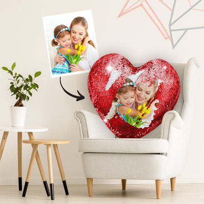 Gift for Mom Custom Love Heart Photo Magic Sequin Pillow Multicolor Shiny Mother's Day Gifts
