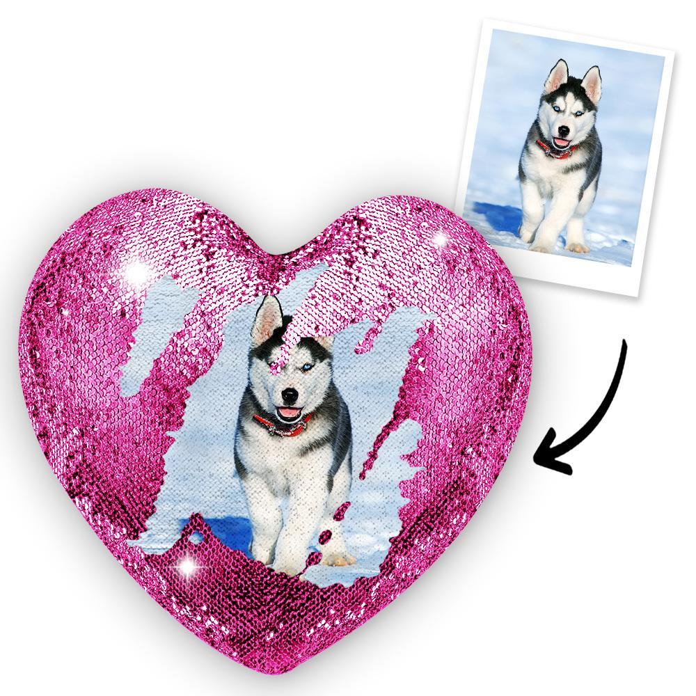 Gift for Mom Custom Photo Pet Magic Heart Sequins Pillow Multicolor Shiny