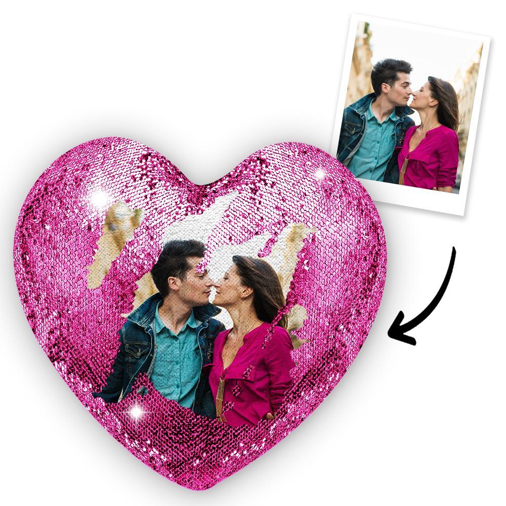 Gift for Him Custom Sweet Love Photo Magic Heart Sequins Pillow Multicolor Shiny, Best Gift For Her