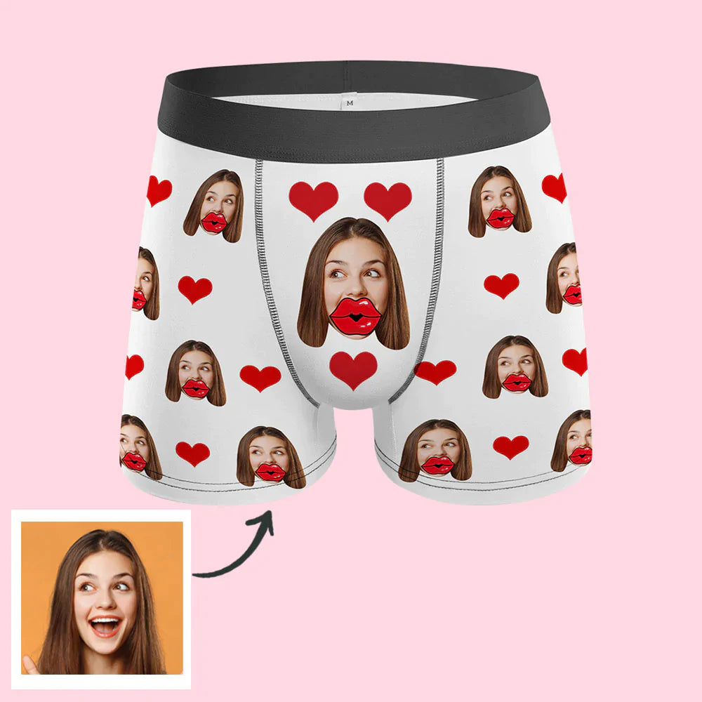 Custom Face Boxers Personalized Heart and Lips Underwear Valentine's Gifts for Boyfriend