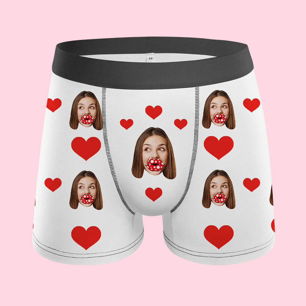 Custom Face Boxers AR View Personalized Heart and Lips Underwear Gift For Boyfriend