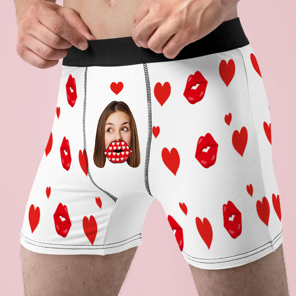 Custom Face Heart Boxer AR View Personalized Funny Lips Boxer Shorts Valentine's Day Gift