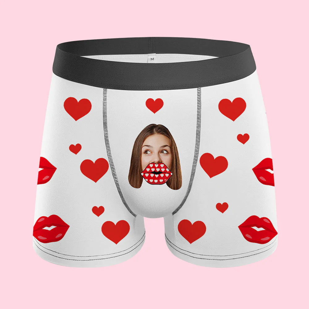 Custom Face Heart Boxer AR View Personalized Funny Lips Boxer Shorts Valentine's Day Gift