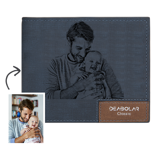 Men's Custom Photo Wallet - Blue Leather Father's Day Personalized Gifts