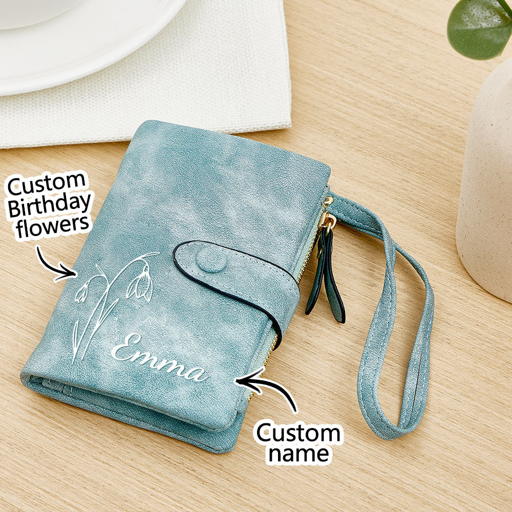 Personalized Name Birth Flower Wallet Card Holder Birthday Gift for her