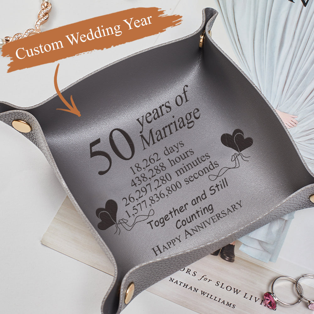 Custom Marriage Year Engraved Leather Catchall Valet Tray Anniversary Gifts for Love