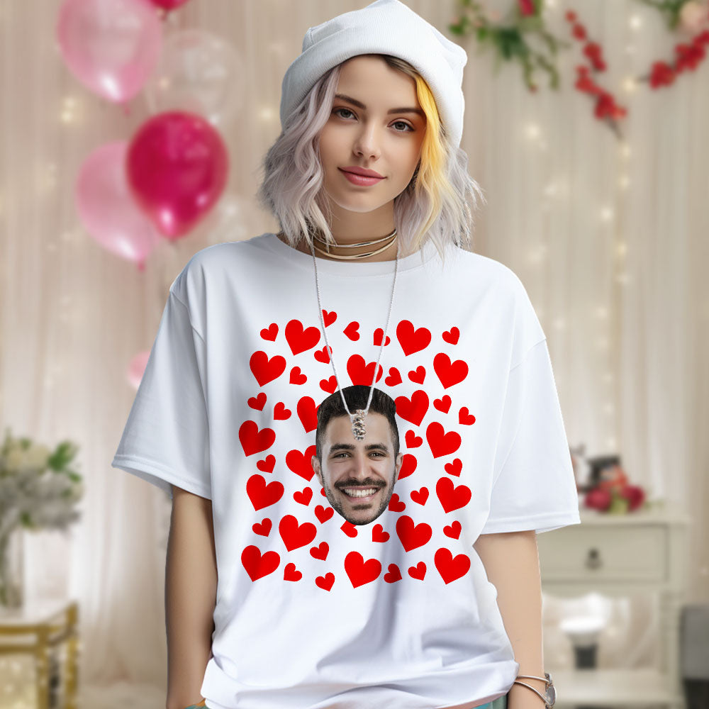 Custom Photo Vintage Tee Personalized Couple T-shirt  Red Hearts Valentine's Day Gifts for Her