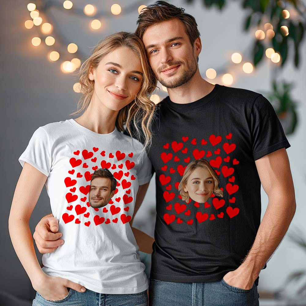 Custom Photo Vintage Tee Personalized Couple T-shirt  Red Hearts Valentine's Day Gifts for Men