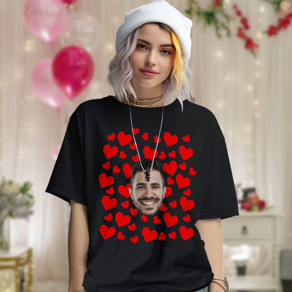 Custom Photo Vintage Tee Personalized Couple T-shirt  Red Hearts Valentine's Day Gifts for Couple