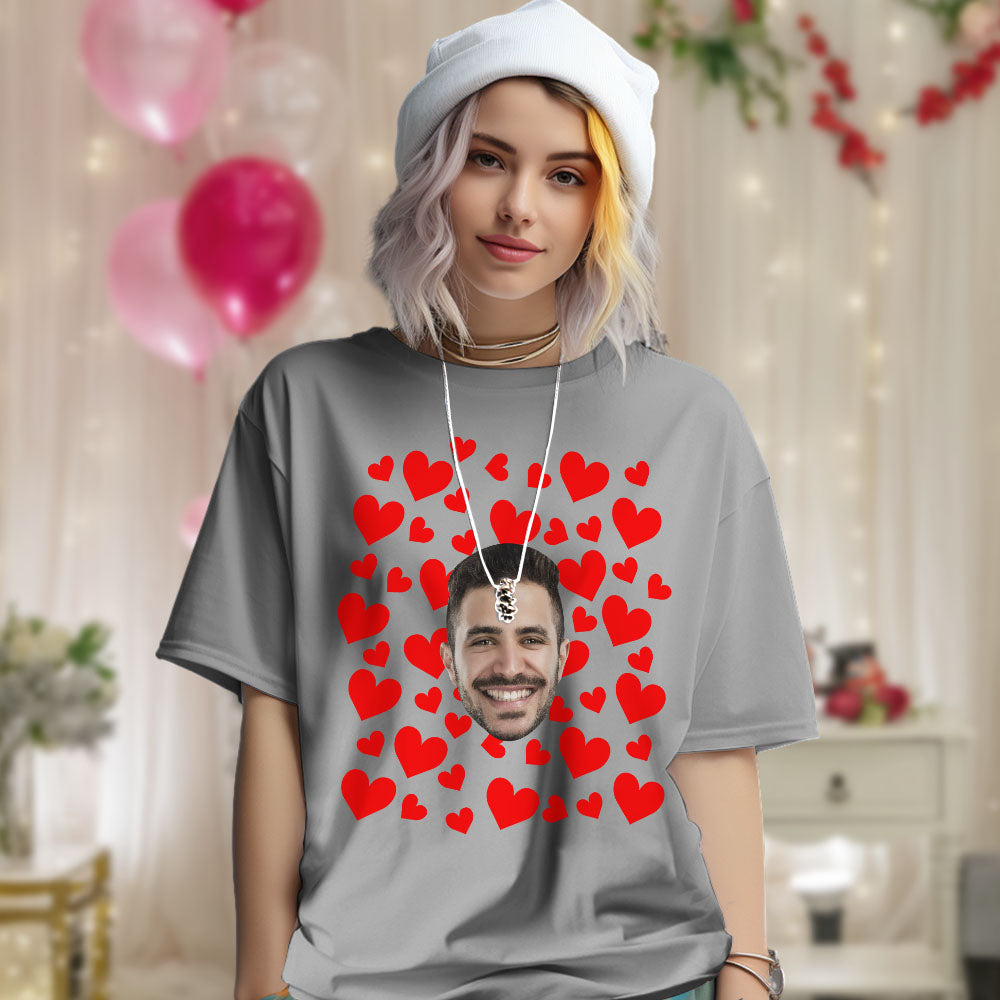 Custom Photo Vintage Tee Personalized Couple T-shirt  Red Hearts Valentine's Day Gifts for Men