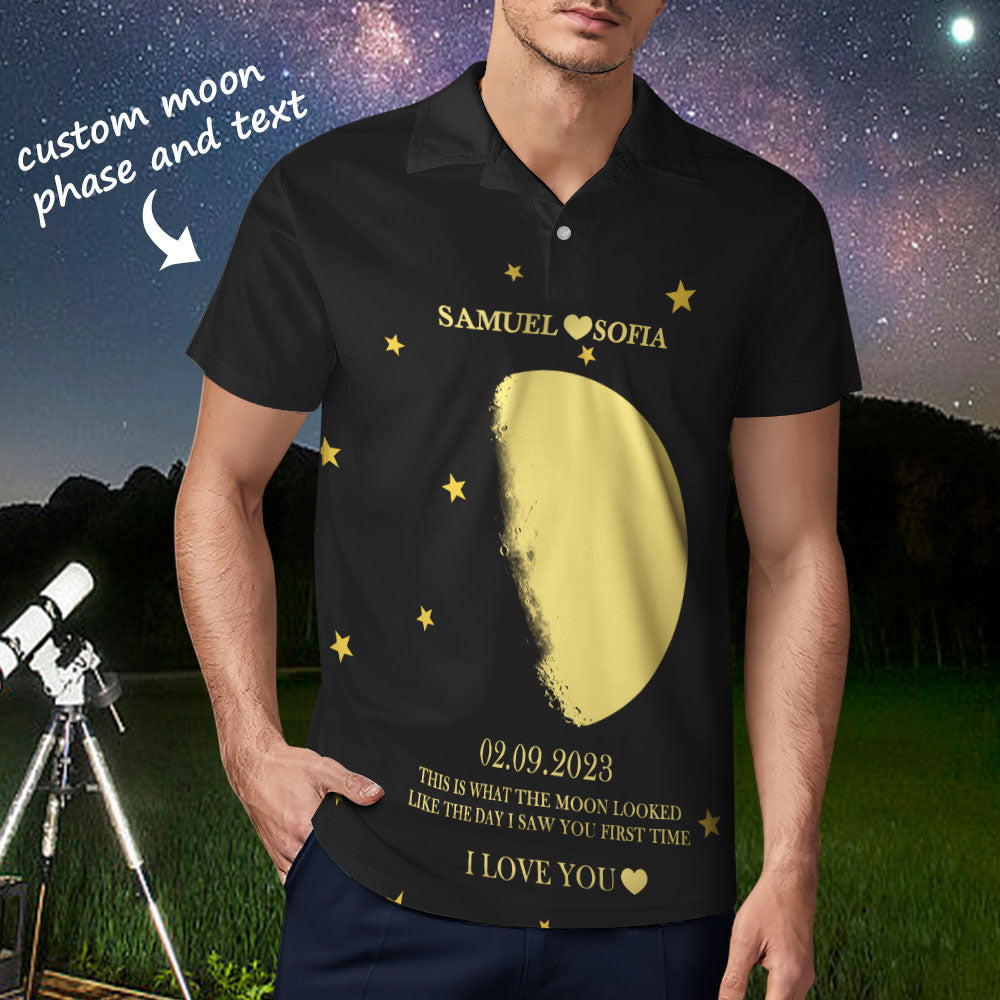 Men's Custom Moon Phase and Names Polo Shirt Personalized Golf Shirts