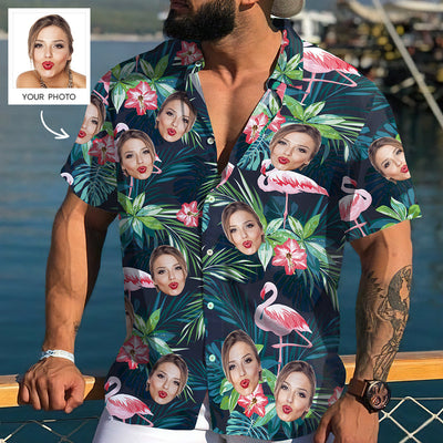 Face on Shirts Custom Hawaiian Shirt with Face Leaves & Flamingo Button Down Shirts