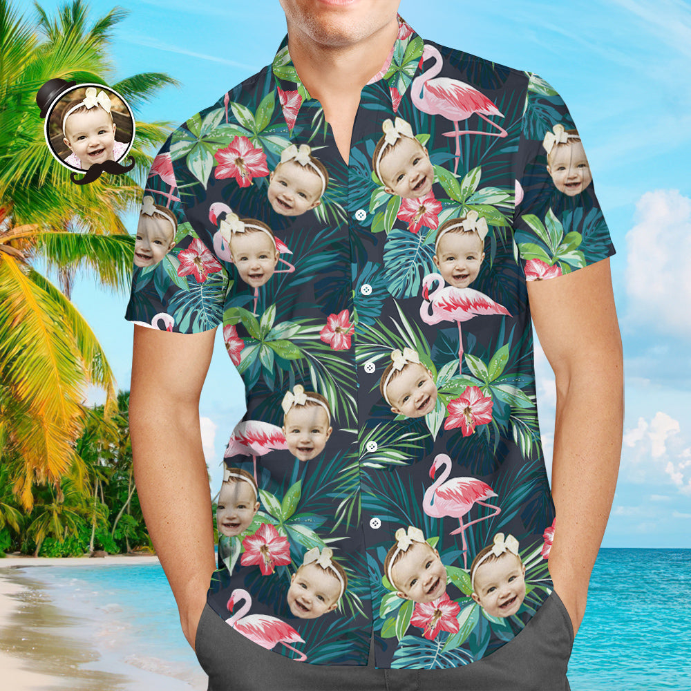 Face on Shirts Custom Hawaiian Shirt with Face Leaves & Flamingo Button Down Shirts