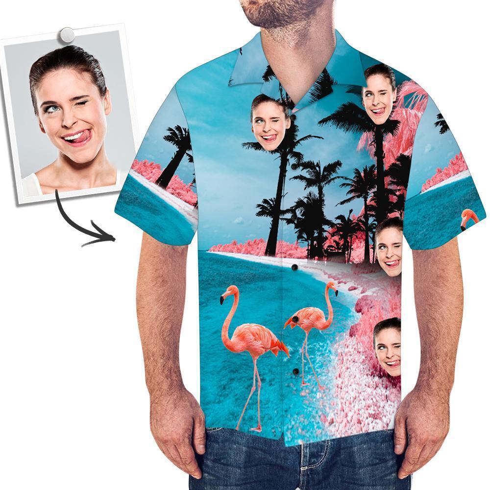 Unique Gift for Boyfriend Custom Face Hawaiian Shirt All Over Print Seaside Flamingos