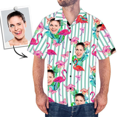 Custom Face All Over Print Stripe Hawaiian Shirt Flamingo - MakePhotoPuzzleUK