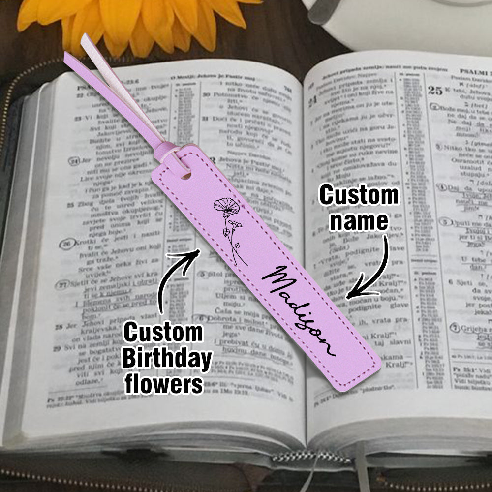 Custom Name Bookmark with Birth Month Flower for Book Personalized Leather Bookmark for Women