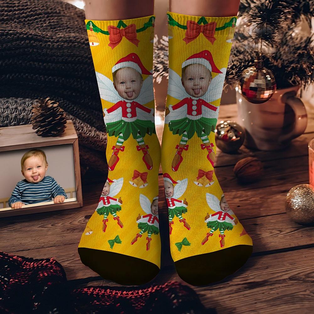 Custom Face Socks Personalized Christmas Elf Socks Christmas Gift Yellow