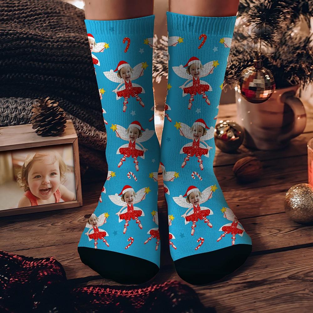 Custom Face Socks Personalized Christmas Elf Socks Christmas Gift Blue