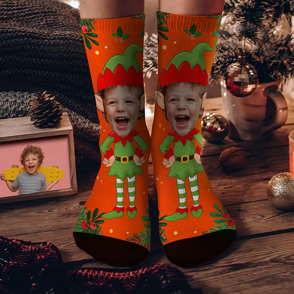 Custom Face Socks Personalized Christmas Elf Socks Christmas Gift Orange