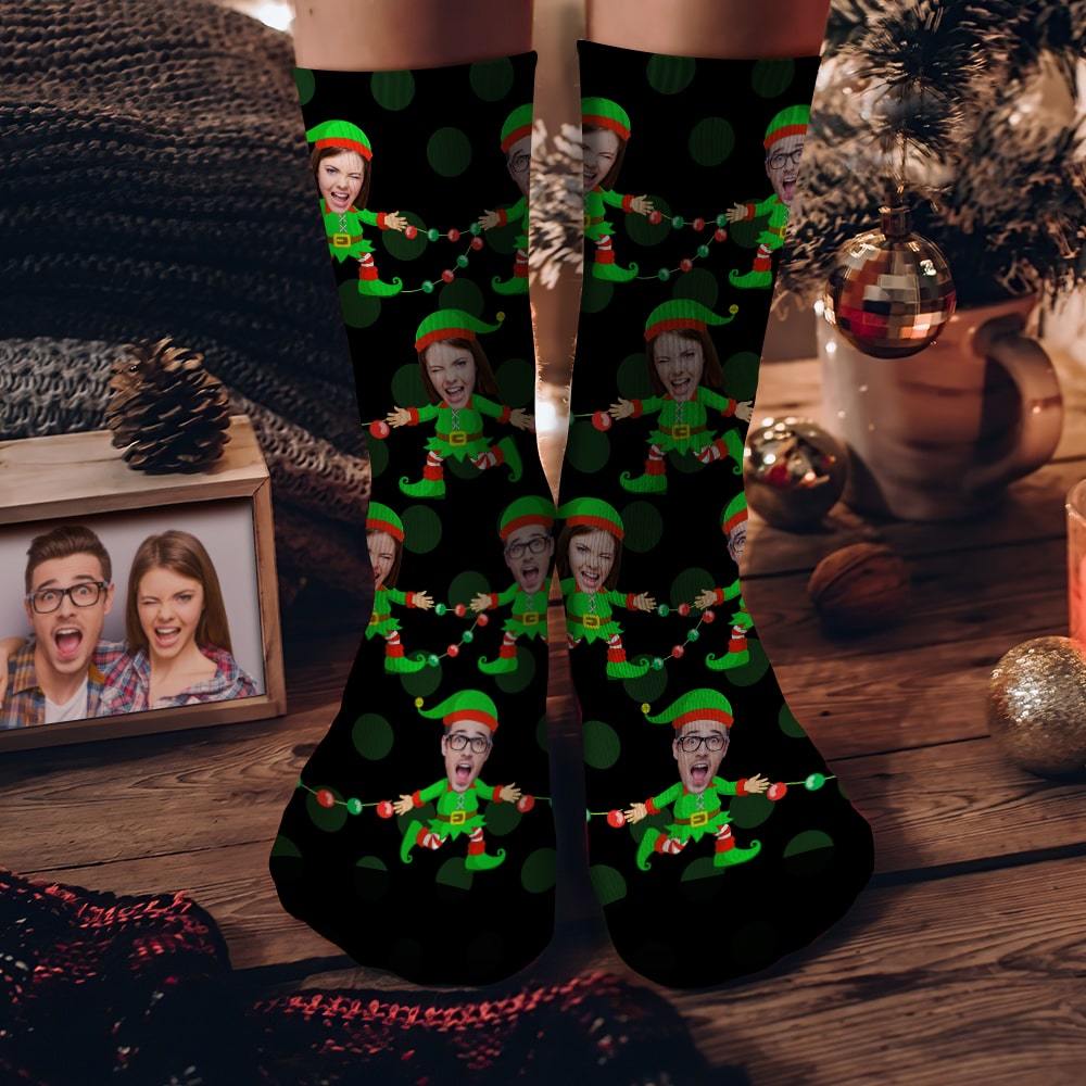 Custom Face Socks Personalized Christmas Elf Socks Christmas Gift for Sweetheart Black