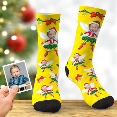 Custom Face Socks Personalized Christmas Elf Socks Christmas Gift Yellow
