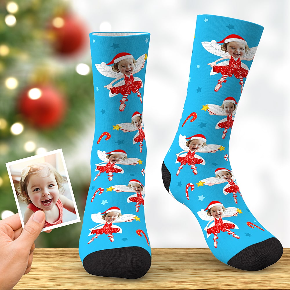 Custom Face Socks Personalized Christmas Elf Socks Christmas Gift Blue