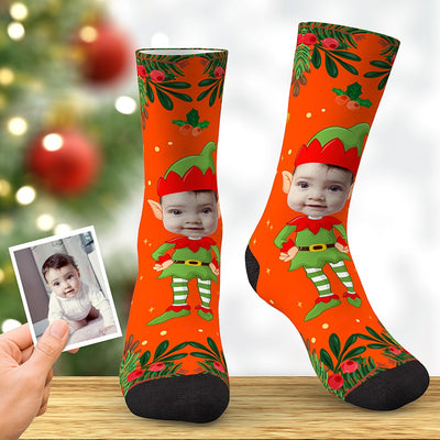 Custom Face Socks Personalized Christmas Elf Socks Christmas Gift Orange