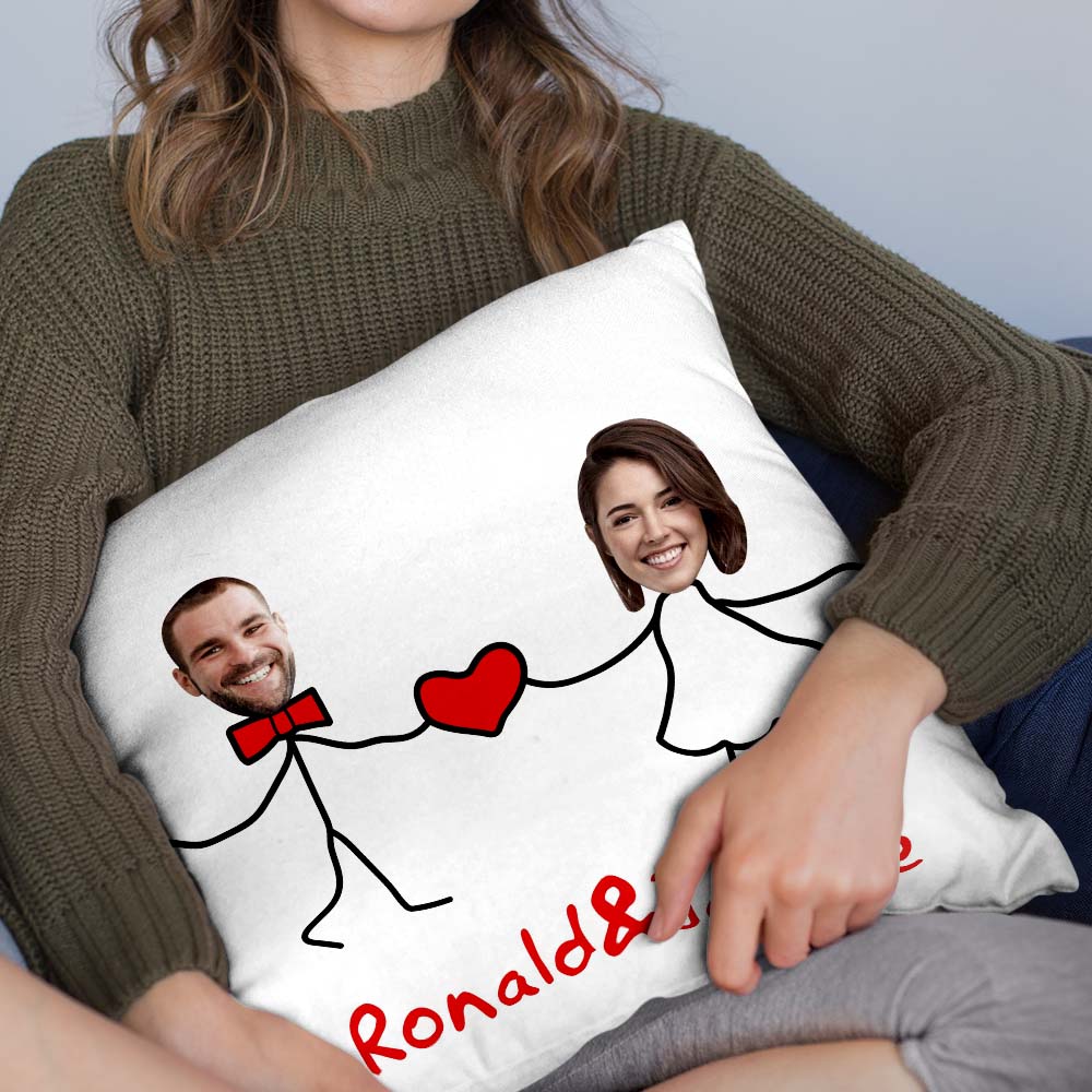 Custom Matchmaker Face Pillow Holding Hands with Love Personalized Couple Photo and Text Throw Pillow Valentine's Day Gift