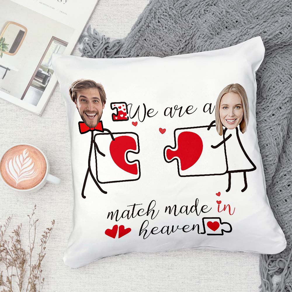 Custom Matchmaker Face Pillow Heartbeat Puzzle Personalized Couple Photo Throw Pillow Valentine's Day Gift