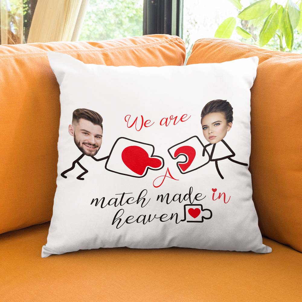 Custom Matchmaker Face Pillow Heartbeat Puzzle Personalized Couple Photo Throw Pillow Valentine's Day Gift