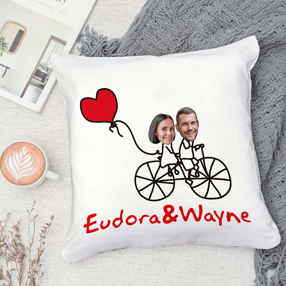 Custom Matchmaker Face Pillow Love Bike Personalized Couple Photo and Text Throw Pillow Valentine's Day Gift