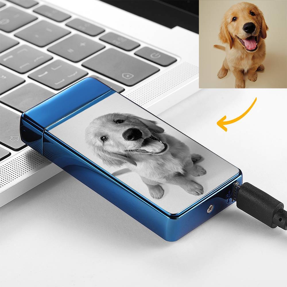 Custom Men's Electric Blue Cute Pet Photo Lighter, Engraved Lighter