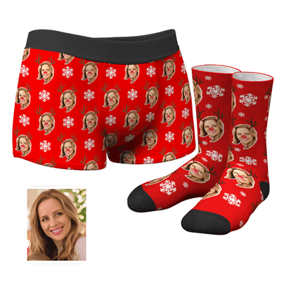 Men's Custom Christmas Reindeer Face Boxer Shorts And Socks Set