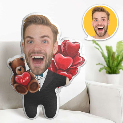 Valentine's Day Gift Custom Face Pillow, Cartoon Male in Suit Hold Bear Face Doll, the Best Gift for Lover - mysiliconefoodbag