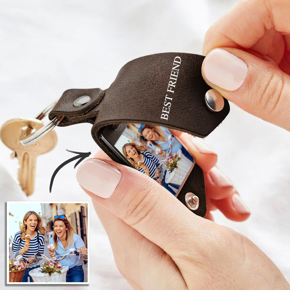 Personalized Photo Keychain Custom Leather Keyring Birthday Gifts for Him or Her