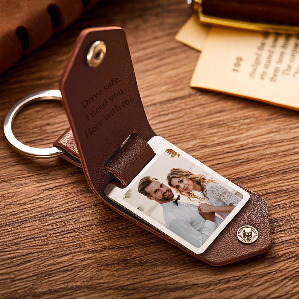 Personalized Leather Photo Keychain Custom Engraved Text Commemorative Keychain Anniversary Gifts