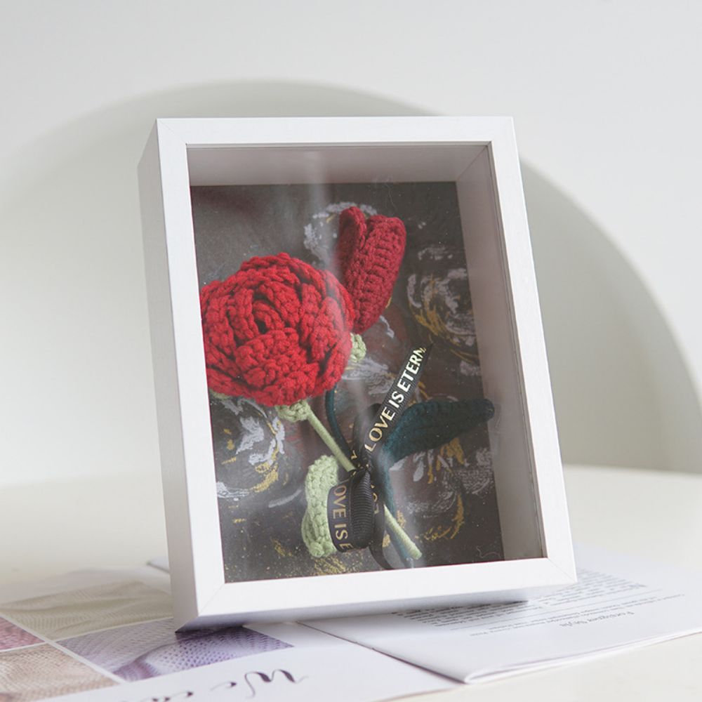 Crochet Bouquets Photo Frame Handmade Knitted Flower Shadowbox Frame Desktop Decoration