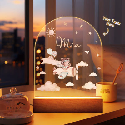 Personalised Baby Night Light With Wooden Base Custom Name Nursery Animals Light Baby Gift - mysiliconefoodbag