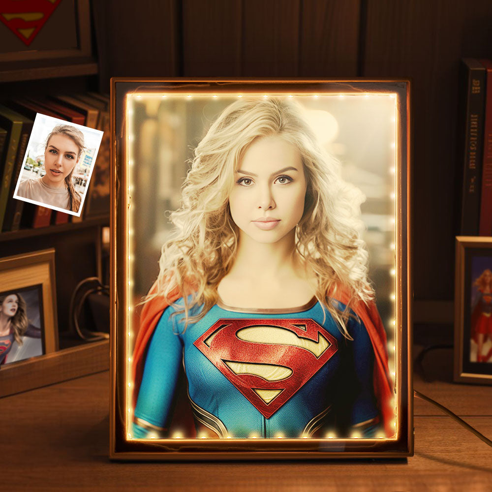 Personalized Supergirl Photo Portrait Mirror Light Custom Face Gifts for Her / Kids