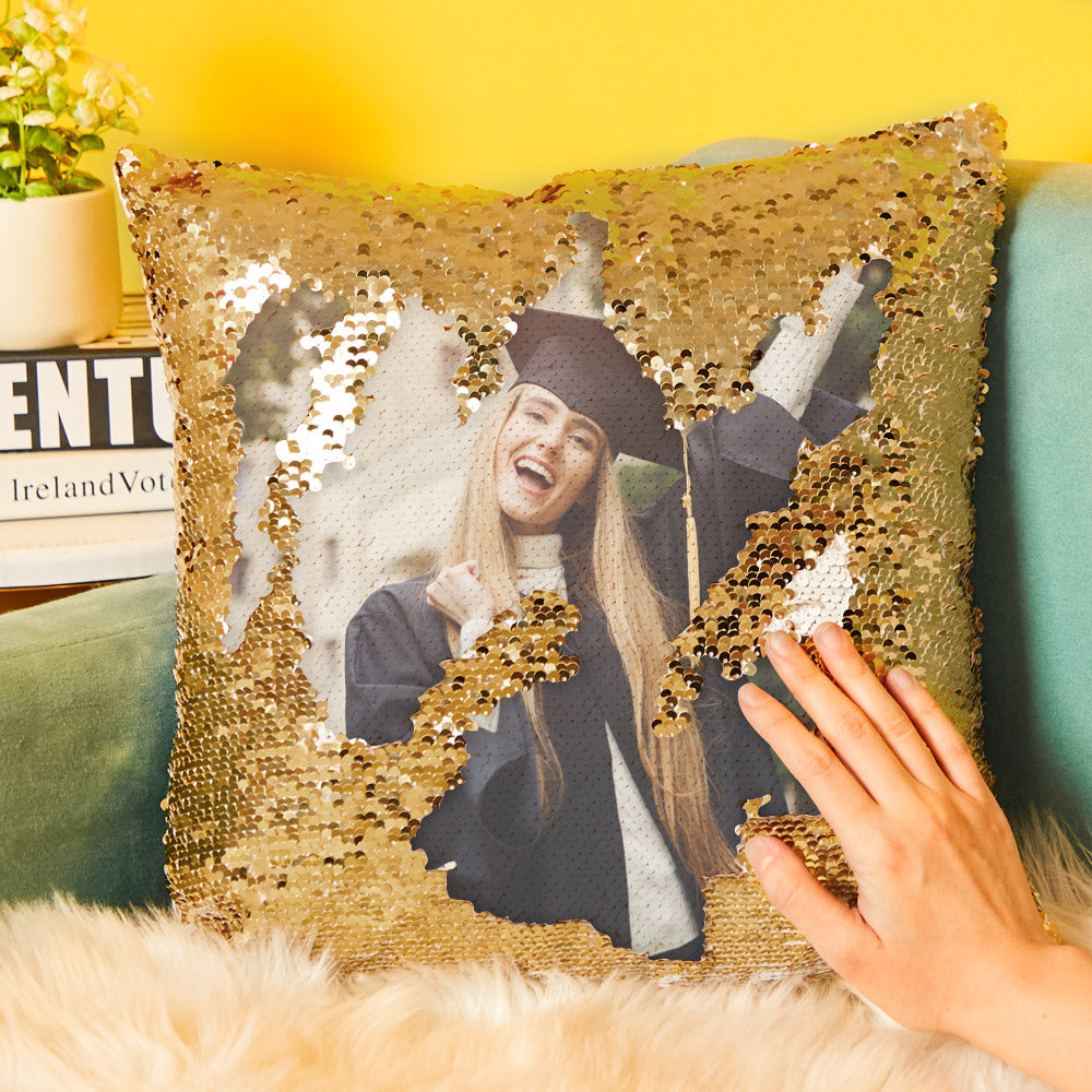 Personalized Graduation Gifts Custom Photo Magic Sequins Pillow Multicolor Shiny 15.75''*15.75''