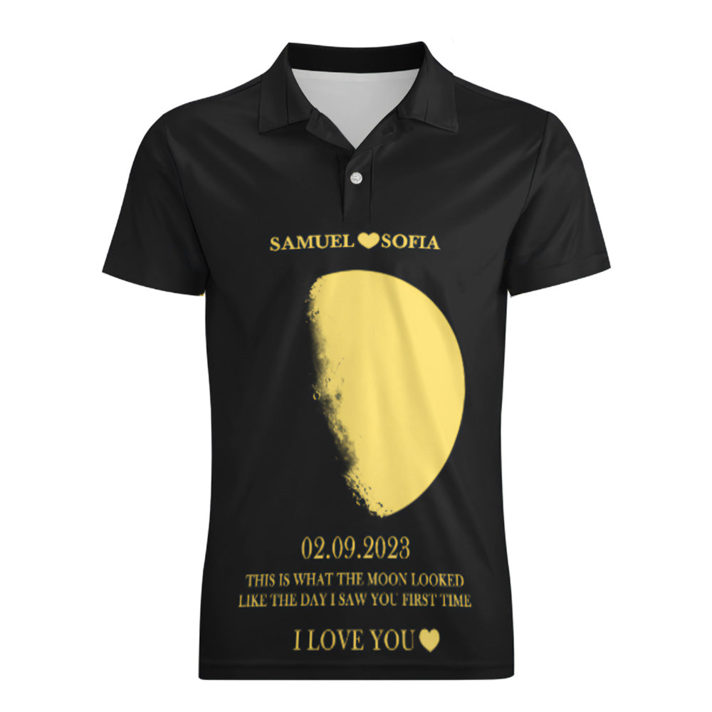 Men's Custom Moon Phase and Names Polo Shirt Personalized Golf Shirts